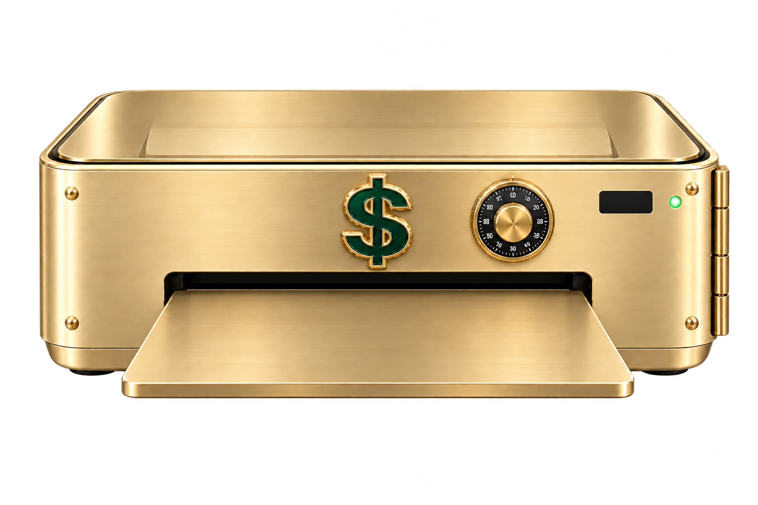 Gold vault money printer with a dollar emblem